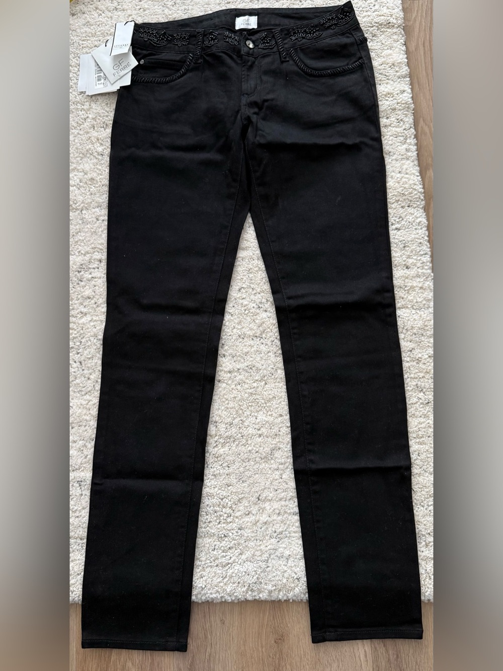 GF Ferre Women’s Black Jeans Size 31 Beaded Owl Embellished Skinny NWT Italy